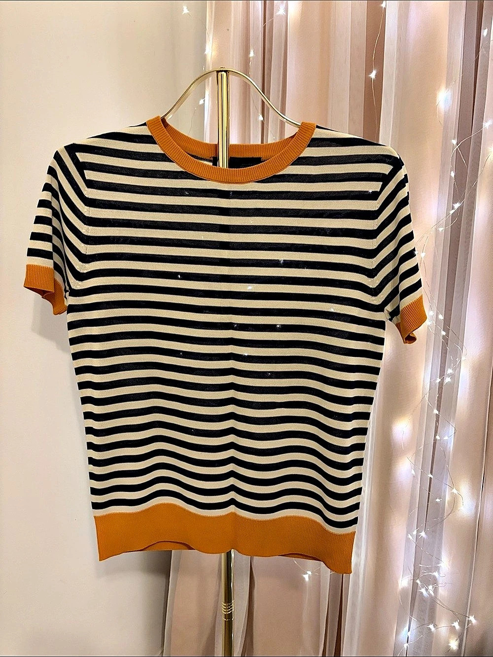 Striped Short Sleeve Top in Black & Orange Like New